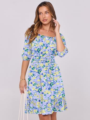 Image of ANRABESS Womens Lantern Short Sleeve Square Neck Casual Flowy Mini Dresses 2026 Holiday Summer Spring Beach Vacation Clothes