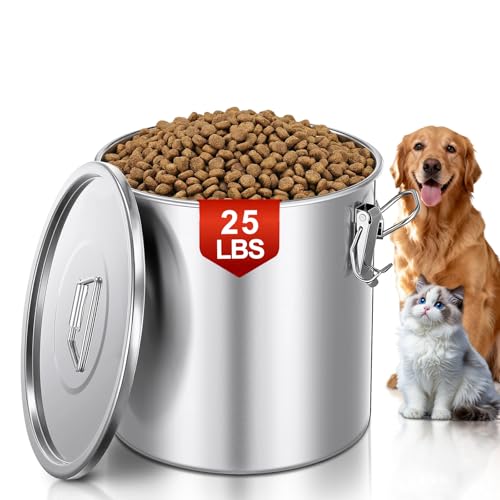 FOHERE Stainless Steel Dog Food Storage Container 25/30LBS Airtight Moisture-Proof Dog Food Bin with Locking Lid Keep Kibble Fresh for Dogs Cats Home Kitchen Garage Use Easy to Clean