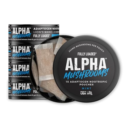 Fully Loaded Alpha Mushrooms - Adaptogen Nootropic Pouches (5-Pack Mint) - Lions Mane Cordyceps & Chaga - 75 Pouches Total (5 Cans 15 Pouches per Can) - Functional Mushrooms - Made in the USA