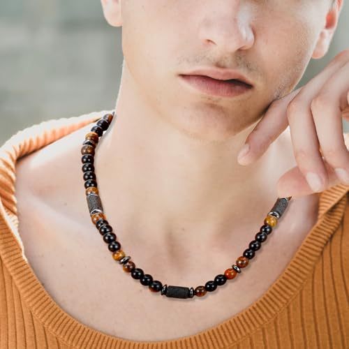 8mm Mens Beaded Necklace, Men's Tiger Eye Stone Bead Necklace Beaded Charm Choker Neck Chain Mens Jewellery Relief Gifts（20.8 Inch）3