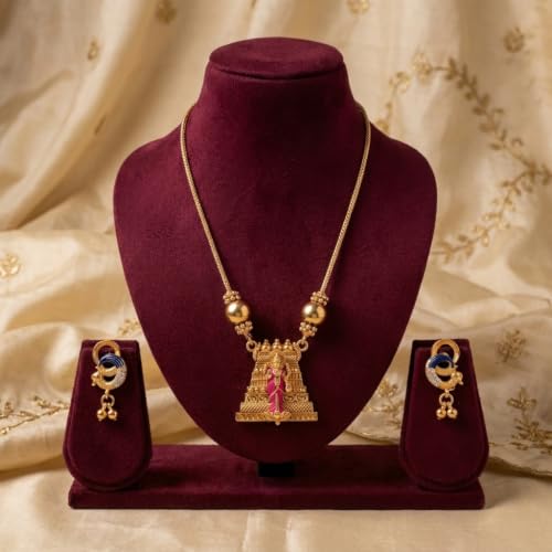 Image of Traditional Gold-Plated Lakshmi Temple Pendant Necklace Set for Women | Antique South Indian Jewelry with Jhumka Earrings | Ethnic Bridal, Wedding & Festive Jewelry Set