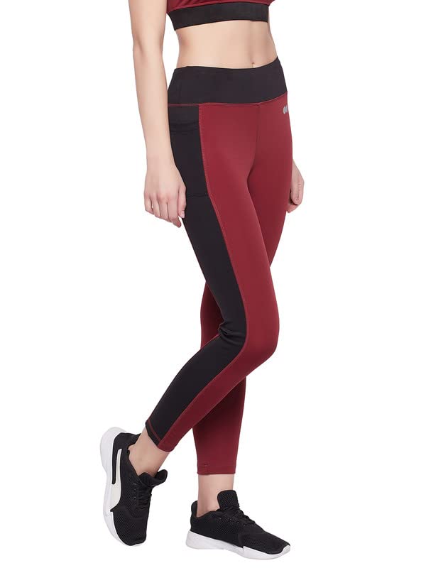 Image of Clovia Women's Snug-Fit High Rise Coourblocked Active Tights in Maroon