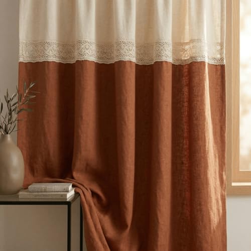 Image of Peepul Tree Cotton 7ft Door Curtain in Rust and Off White | Woven Colour Block Design with Crochet Border | Semi Blackout 70% Light Blocking | Top to Bottom Reversible Design