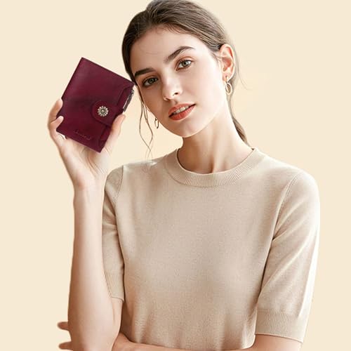 Image of Wallet Women,RFID Blocking Real Leather Womens Wallet Bifold Compact Card Holder Small Wallet for Women with Removable ID Window Red