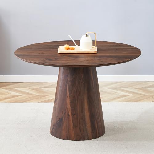 LUFTUT 45'' Round Dining Table for 4 - Modern Farmhouse Kitchen Table with Cone Pedestal Base,Walnut Wood Dining Table for Small Spaces,Round Kitchen Table Ideal for Dining Room or Apartment