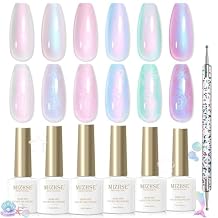 MIZHSE Pearl Gel Nail Polish Set, 6 Colors Iridescent Shimmer Aurora Blue Pearl White Purple Mermaid Gel Nail Polish Soak Off U V LED Shell Thread Effect,for Nail Salon Home Manicure