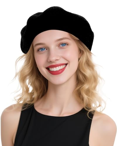 CKYPTFK Beret Hats for Women Wool French Style - Spring Hat for Women Girls for Daily Travel & Elegant Outfits - Black Beret Cap