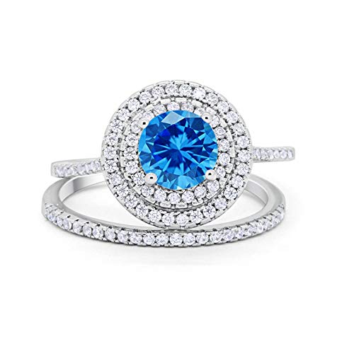Double Halo Wedding Engagement Bridal Set Ring Band Simulated Blue Topaz Cubic Zirconia 925 Sterling Silver Size-7