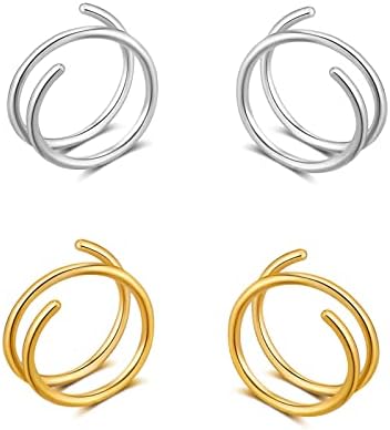 Double Hoop Earrings for Single Piercing，Double Earrings for One Hole Gold，Fake Piercing Silver Double Earring, Handmade Cartilage Piercing, Twist Double Hoop Huggie Earrings, Wrap Earrings Spiral Earrings for Women Girls