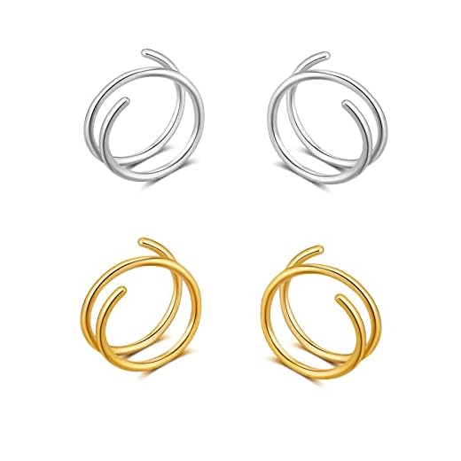 Double Hoop Earrings for Single Piercing，Double Earrings for One Hole Gold，Fake Piercing Silver Double Earring, Handmade Cartilage Piercing, Twist Double Hoop Huggie Earrings, Wrap Earrings Spiral Earrings for Women Girls