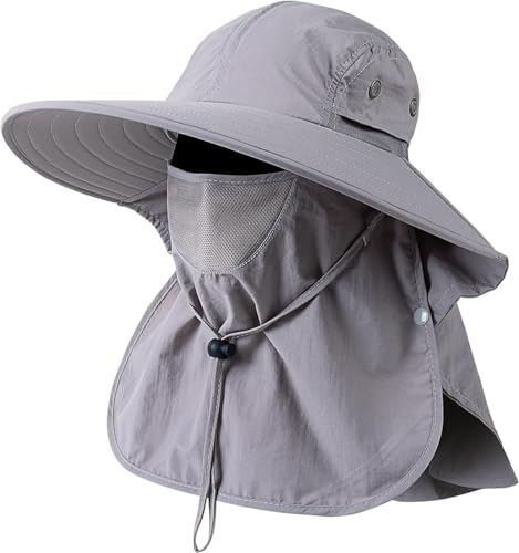 HEEHIPOO Mens Women Fishing Hat UPF 50+ Wide Brim Sun Hat with Face Cover & Neck Flap Grey