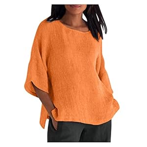 FOCLMP Womens Cotton Linen Summer Tops 3/4 Length Sleeve Tunic Blouses Gauze Boho Shirts Trendy Loose Fit Clothing 2024