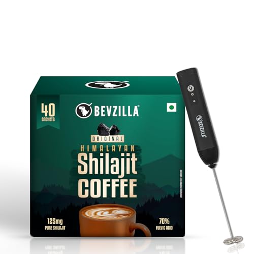 Image of Bevzilla Original Himalayan Shilajit Coffee (40 Sachets) + Rechargeable Milk Frother | 40 Sachets x 2.5g Pure Shilajit | Instant Coffee Combo | Electric Frother