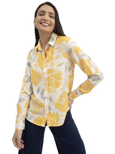 Image of FableStreet Women Shirt | Striped Long Sleeve Polo Collar Button Down | Breathable Linen Blend Fabric | Business Casual & Formal Wear