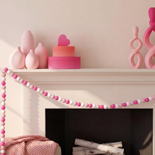 Image of Equsion Wooden Bead Garland with Tassels, Extra Long Fireplace Wood Bead Garlands Rustic Farmhouse Vintage Boho Beads Garland for Party Home Decor Tiered Tray Decorative Beads(Pink)
