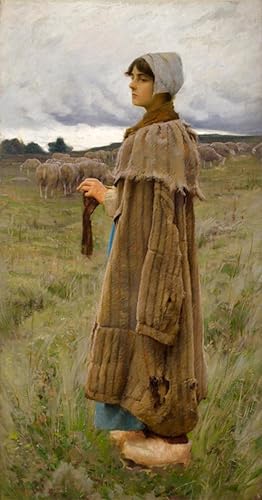 Cuadro pintura al óleo clásica de pastora en campos de Charles Sprague Pearce, 60x90cm