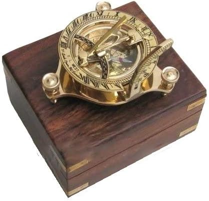 NauticalMart Solid Brass 3" Sundial Compass with Inlaid Hardwood Box