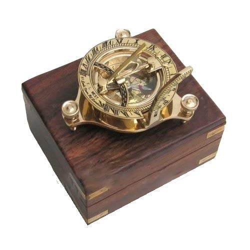 Brass Sundial with Magnetic Compass and Hardwood Case. Stanley London