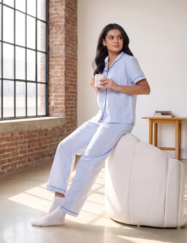 Image of Symbol Premium Women's Cotton Night Suit Set | Short Sleeve Shirt & Pajama Set | Stripes with Contrast Piping | Regular Fit (Available in Plus Sizes)