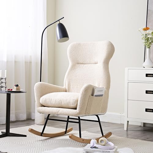 HXUHUWS Enhance Comfort with Modern Rocking Chair, Ergonomic High Backrest, Soft Teddy Material, for Living Room, Beige