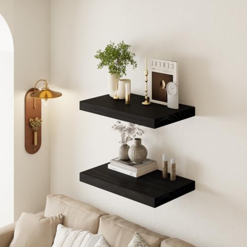 Image of 24 inch Extra Deep Floating Shelves, Set of 2, Black Finish | 24 inchL x 12 inchD x 1.8 inchH, Set of 2, Solid Paulownia Wood, Matte Black Finish, Hidden Brackets, Hardware Included