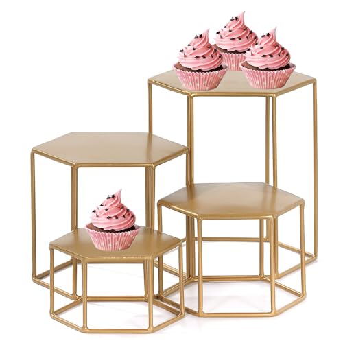 MinWadil Set of 4 Metal Display Risers, Upgraded Hexagonal Nesting Buffet Riser Set, Modern Brass Buffet Display Stands for Food, Food Display Risers for Buffet Cupcake Small Potted Plants - Medium by MinWadil - Used condition - US$21.69