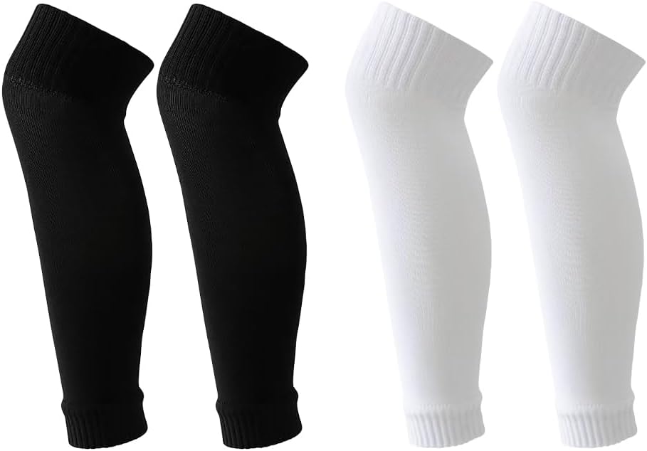 2 Pairs Precut Soccer Socks Football Leg Sleeves Shin Guard Sleeves Rugby Athletic Socks Pre Cut Sports Socks for Men Women Adults White Black