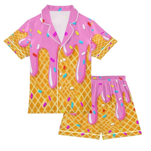 Satin Pajama Sets Short Sleeve Ice Cream Pink Button Down Silky Nightwear 2 Piece PJS 5-14Y