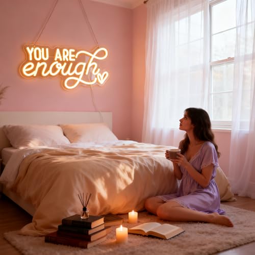 Image of You Are Enough Neon Sign, Self Love Neon Light with Floral Decor, Motivational Wall Art for Bedroom, Therapy Office Decor, Mental Health Awareness Gift, USB Dimmable (16.5 inchx8.3 inch)