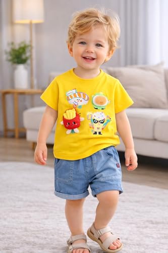 Image of Bold N Elegant Half Sleeve Pure Cotton Baby Boy Girl 3D Burger French Fries Cartoon Snack T-Shirt with Denim Shorts Smart Casual Outfit for Infant Toddler Kids Upto 5 Years