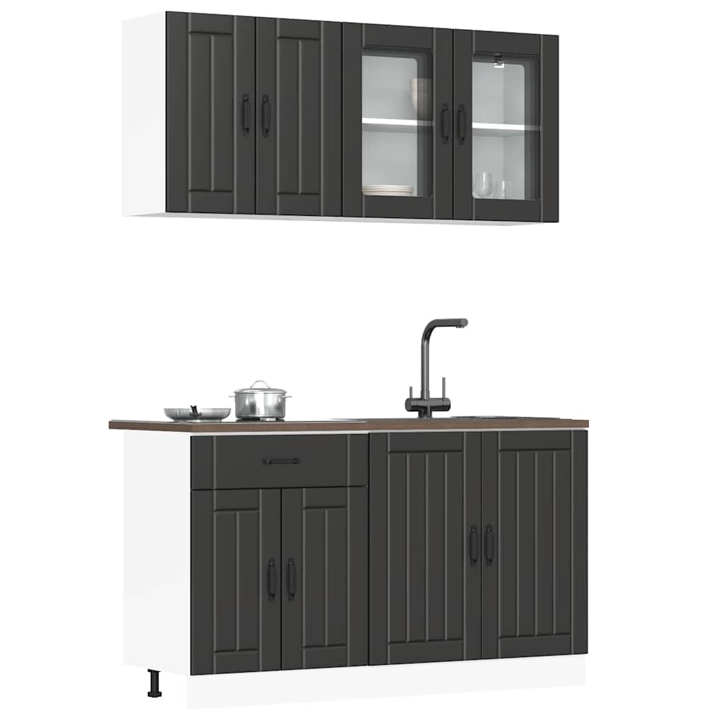 4-TLG. Küchenzeile Lucca Schwarz, modernes Küchenschrank-Set aus Holzwerkstoff & Glas, modulares Küchenmöbel-Set mit Unterschränken & Hängeschränken für viel Stauraum, 140 cm