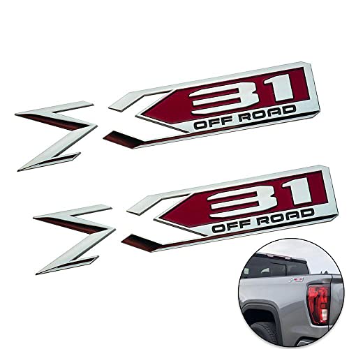 Image of Pair Set Sierra 1500 X31 Off Road Emblems 3D Rear Bodyside Truck Bed Decal Badge Nameplate Replacement for 2019-2022 Sierra 84682662 (Chrome Red)
