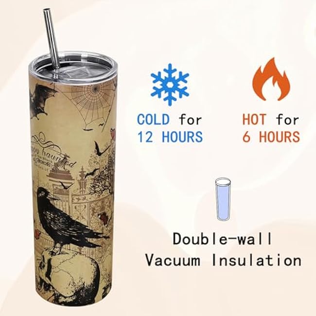 Vintage Halloween Tumbler 20 Oz, Witchy Goth Halloween Gifts for Women, Gothic Halloween Goth Tumbler Coffee Mug Cup Water Bottle for Cold or Hot Drinks, Witch Goth Stuff Accessories