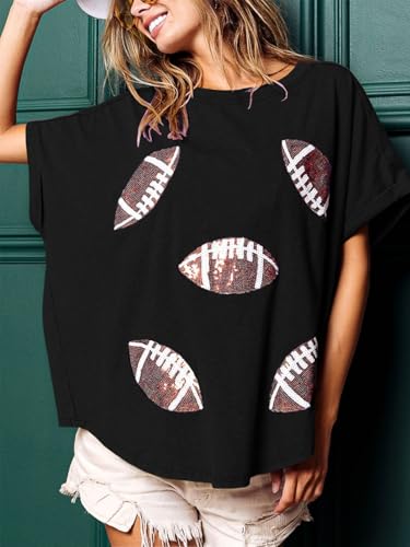 Womens Sparkle Football Sequin Rugby Tee Game Day Pullover T-Shirt Crewneck Oversized Short Sleeve Washed Tops4