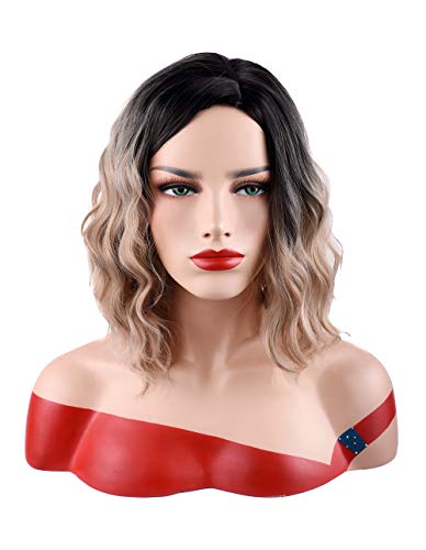 SEIKEA Short Fluffy Bob Wig for Women Dark Root Ombre Color Hair Curly 14 Inch - Light Brown