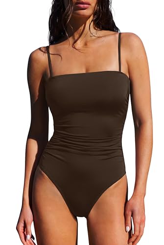 SUUKSESS Women Sexy One Piece Swimsuit Tummy Control Square Neck Bathing Suit Retro Backless Swimwear (Dark Brown M)
