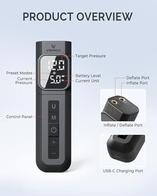 ETENWOLF P200 Electric Ball Pump 2000mAh Sports Air Pump with Digital Pressure Gauge for Basketball Soccer Volleyball