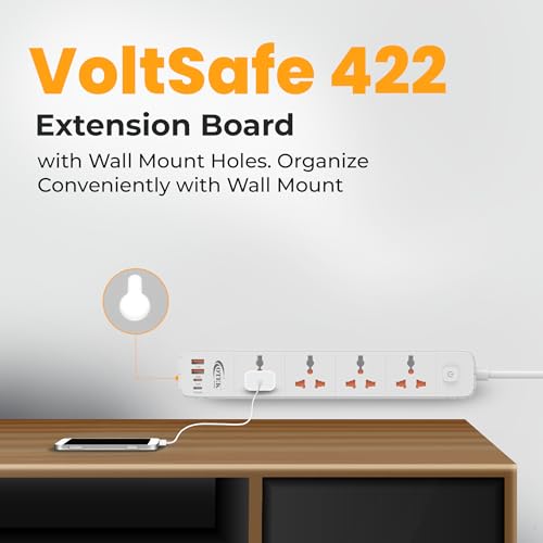 Image of OTEK Extension Board Power Strip 4 Universal Sockets 2 USB Type A 2 Type C Ports 2 Meter Cord 2500W 10A Surge Protector Fire Resistant ABS Body White for Home Office