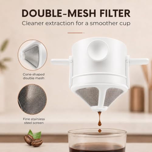 Image of Portable Coffee Dripper Filter, Reusable Paperless Pour Over Coffee Maker with Stainless Steel Mesh, Built-in Holder, No Drip Design for Travel Cups & Mugs (White)