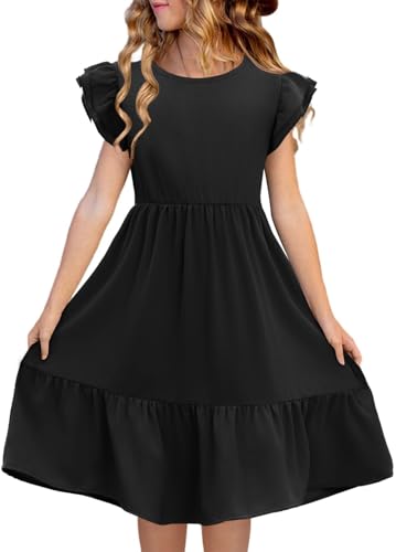 Haloumoning Vestido de niña de cuello redondo, monocolor, vestido de verano, manga con volantes, línea A, vestido de princesa, informal, elegante, boda, cumpleaños, vestido informal, Negro , 7-8 años