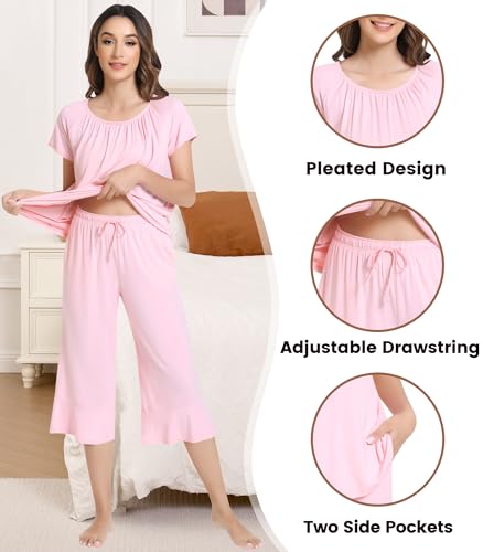 Image of NACHILA Pajamas for Women-Viscose Made from Bamboo,Short Sleeve Sleepwear Cooling Pjs Top with Capri Pants Pajama Sets