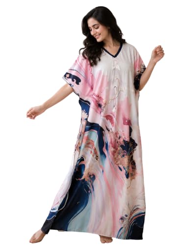 Image of Noty Women's Kaftan Nighty | Digital Print | Sarena Fabric | V Shaped Neck Nightwear | Nightdress for Girl