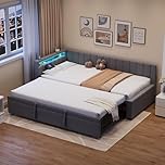 Miyemo Daybed with Pull Out Trundle, 3ft Upholstered Single Bed Frame with Charging-Station & LED-Lighting, Velvet Sofa Bed for Living Room/Bedroom/Study Room, 90x190cm, Grey, (No Mattress)