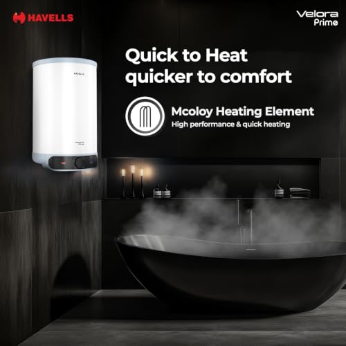 Image of Havells Velora Prime 10L Storage Water Heater(Geyser)|Faster Heating|Safer to use|Saves electricity |Engineered for Hard Water|Feroglas Coated Anti Rust Tank|Mcoloy Heating Element|7 Yr Tank Warranty