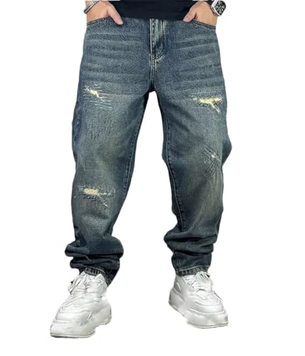 Men’S Vintage Ripped Patch Regular Straight Cargo Pants Button Fly Midweight Distressed Casual Full Length Jeans