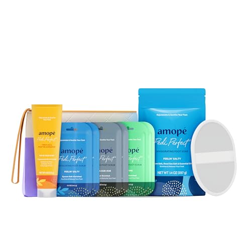 Amope Amopé Pampering Kit - Contains Charcoal Foot Scrub, Tea Tree Foot Scrub, Epsom Salt Foot Scrub, Invigorating Foot Soak, Tired Leg & Foot Rejuvenator, Foot & Leg Scrubber and Luxury Storage Bag