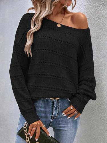 Image of Women's Sweater Soft Boat Neck Long Sleeve Oversized Sweaters Crochet Pullover Knit Tops