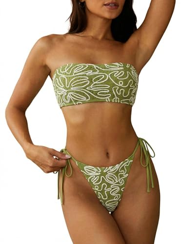 Image of ZAFUL Women Strapless Textured Bandeau Bikini 2 Piece Swimwear Cheeky Solid Lace up Bathing Suits