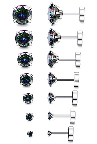 Fansilver 20G Hypoallergenic Flat Back Earrings for Women Men Silver 14K Gold Stainless Steel Stud Earrings Brithstone Cubic Zirconia Studs Surgical Steel Cartilage for Sensitive Ears