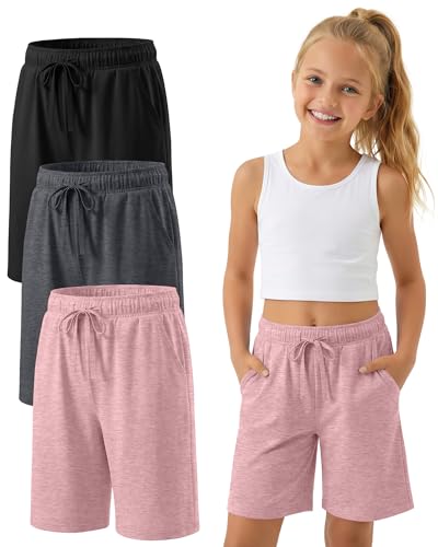 YooAurvox 3 Pack Girls Bermuda Shorts Knee Length Straight Leg Drawstring Elastic Kids Lightweight Soft Pants with Pockets(Black Dark Mixed Gray Pink 9-10 Years)
